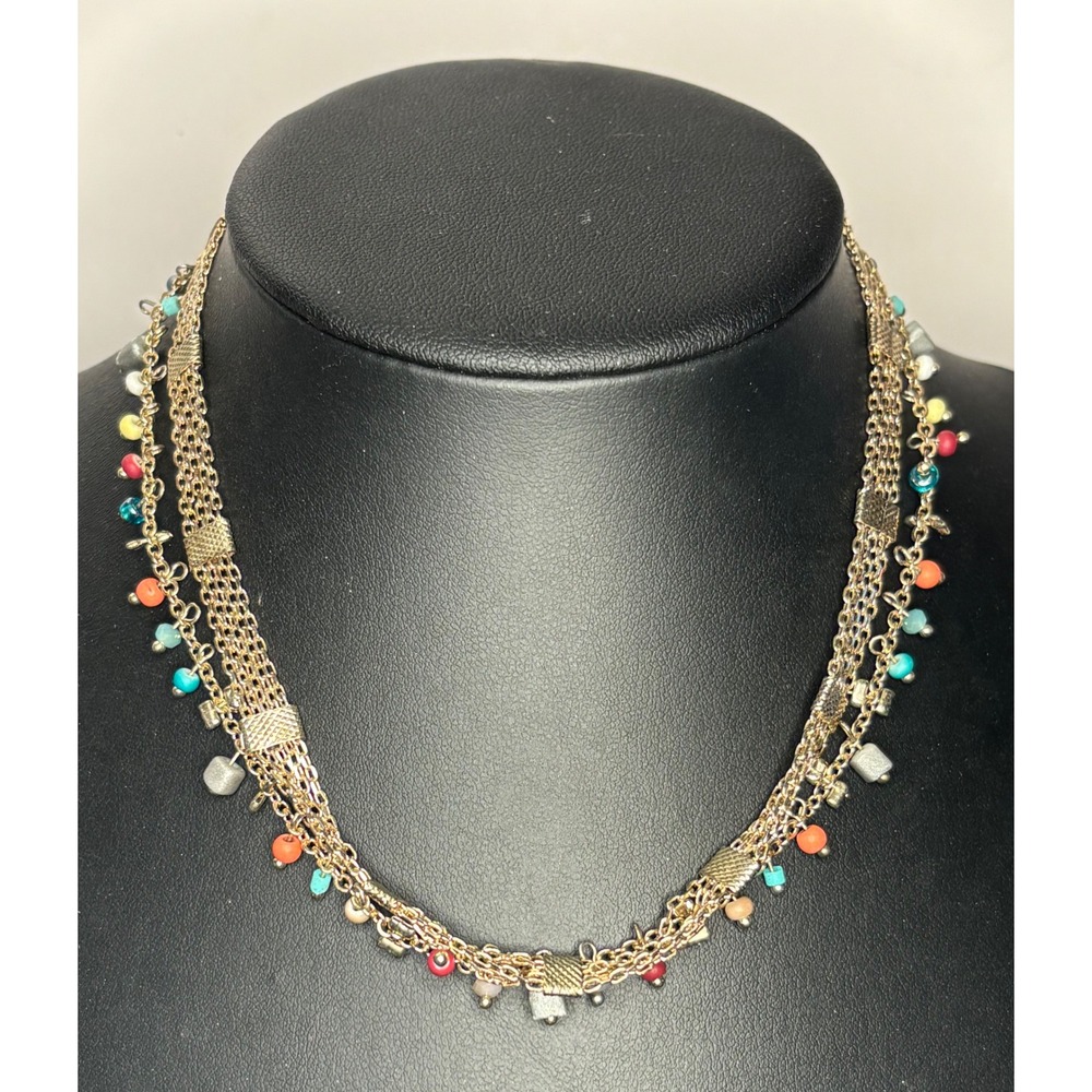 Vintage Express Gold Tone Multi Strand Beaded Tassel Fringe Necklace 15" Boho